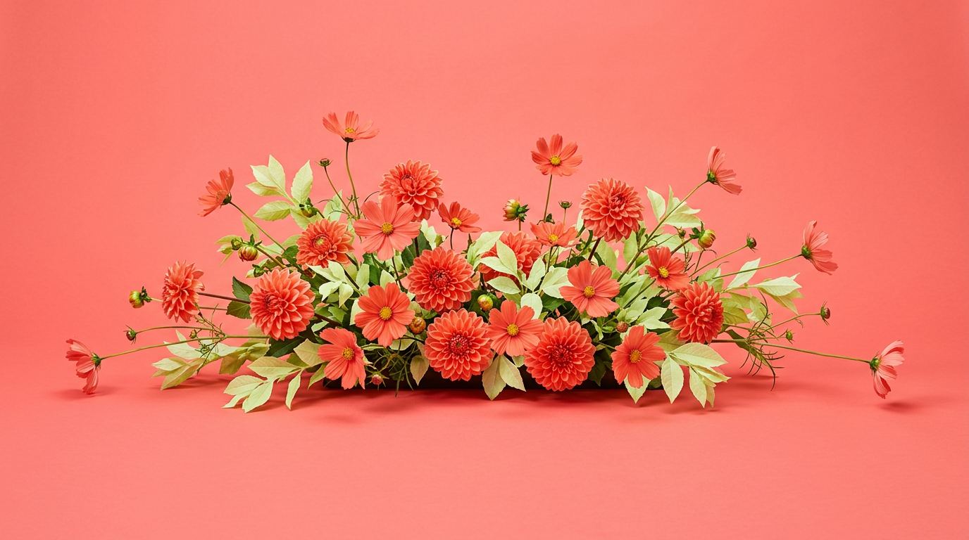 Composition basse de dahlias corail étalée en longueur sur fond corail