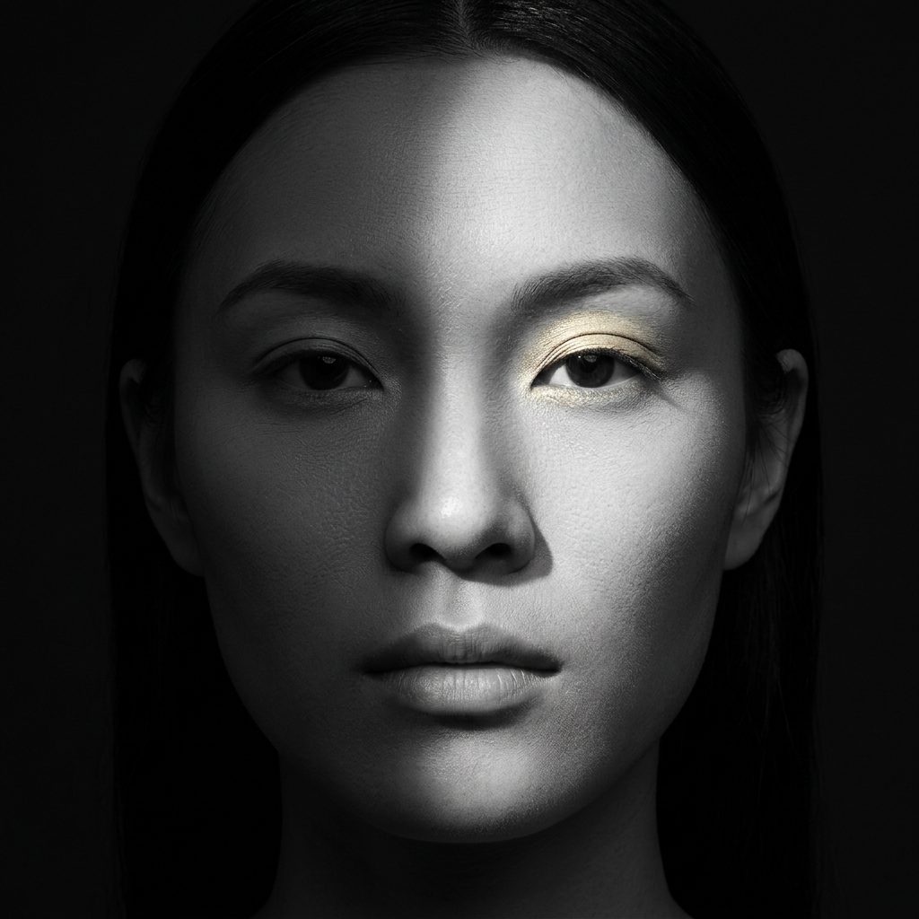 Portrait beauté de face, une pointe d’or pâle sur la paupière