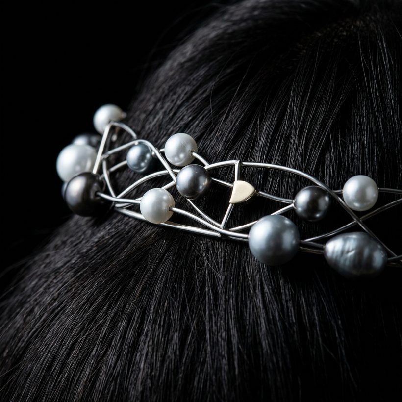 Bijou de tête en acier fin et perles piqué dans les cheveux