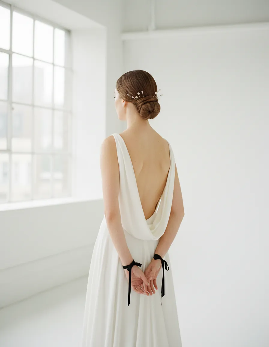 Chignon bas sculpté vu de dos, épingles dorées