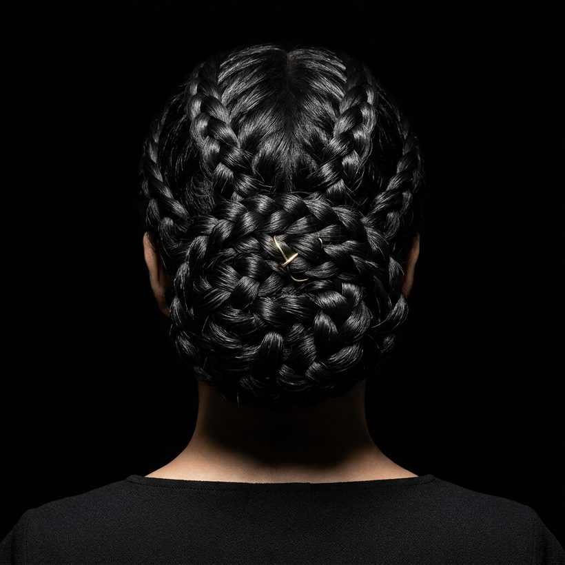 Chignon tressé complexe vu de dos, en noir et blanc