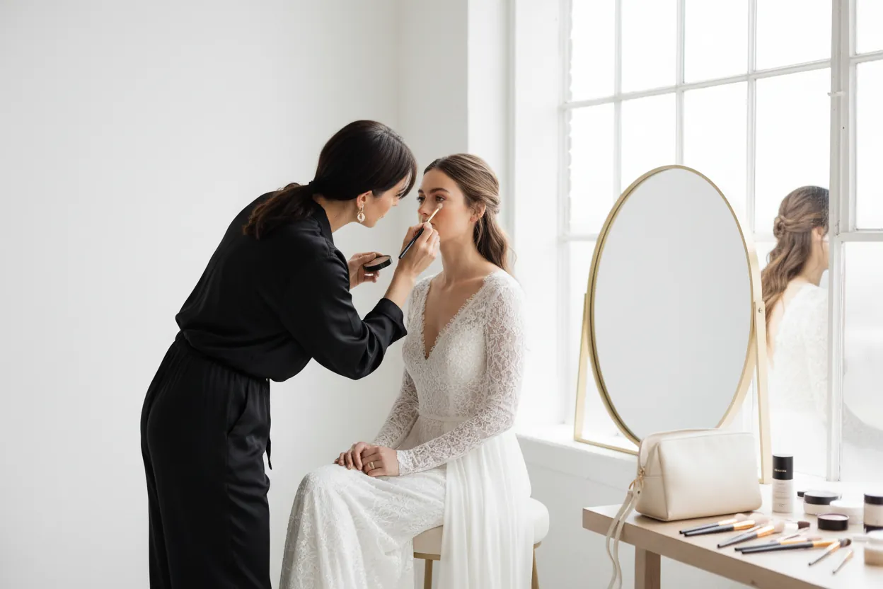 Une maquilleuse applique un fard au pinceau sur une future mariée devant un grand miroir, studio blanc