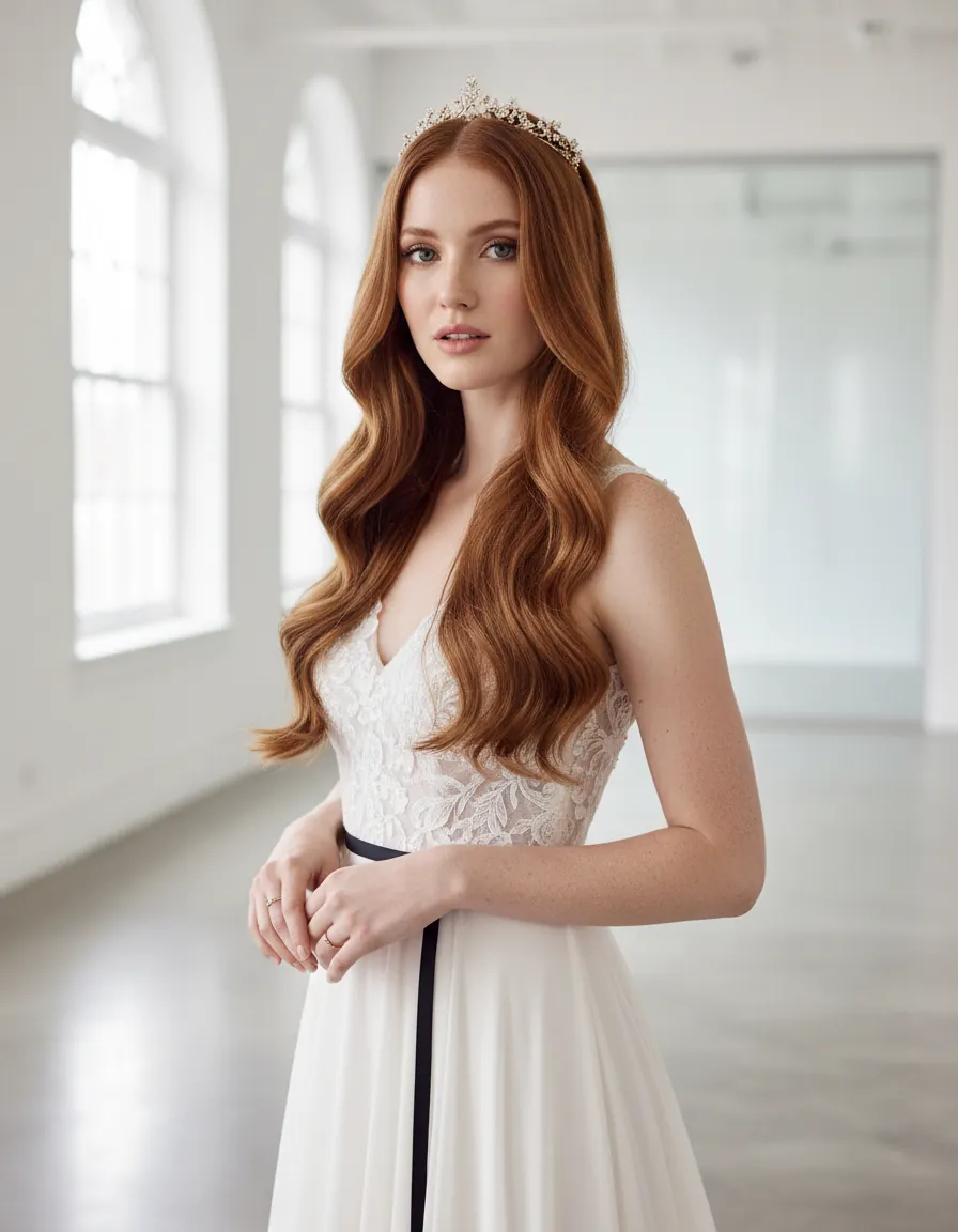 Mariée aux longs cheveux ondulés, couronne fine en or