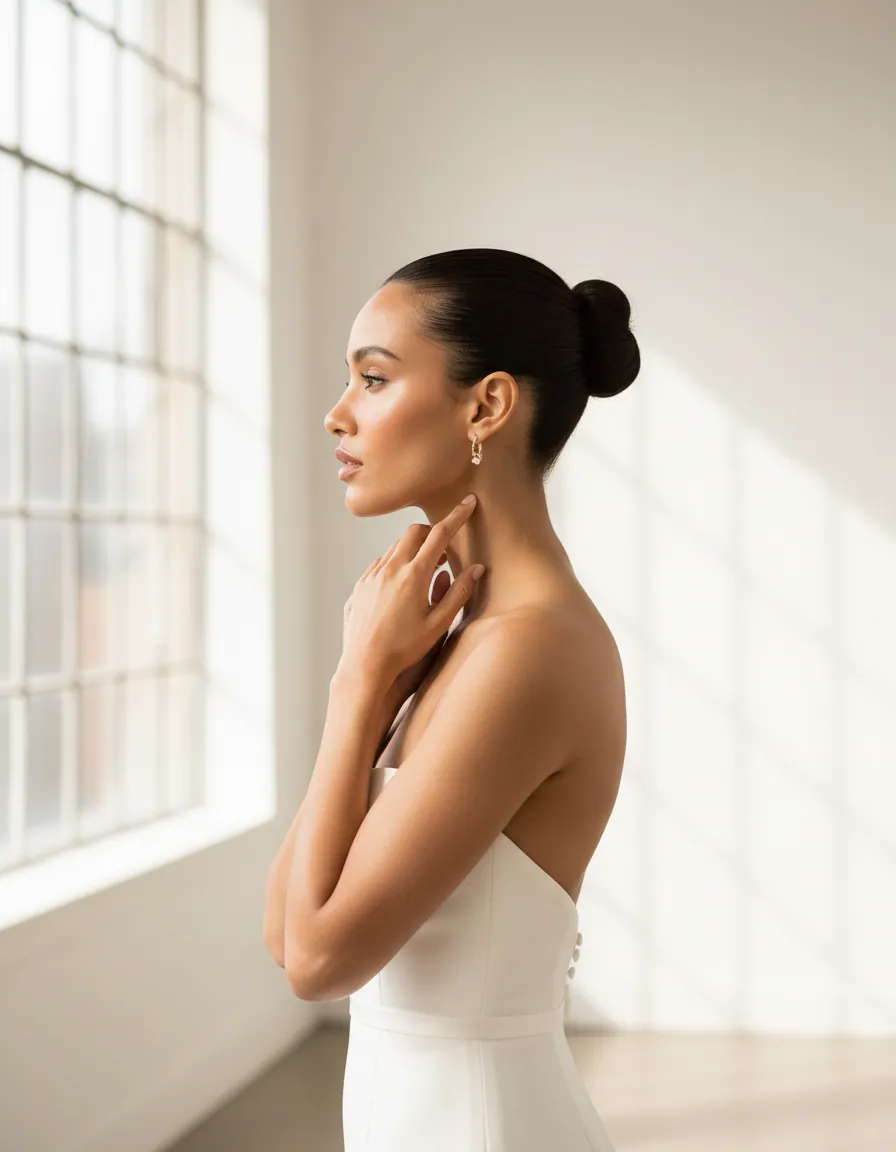 Profil de mariée, chignon haut lisse, boucle d’oreille en or