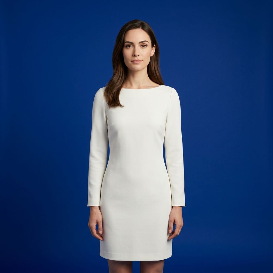 Cadrée des hanches à la tête, robe à col bateau et manches longues