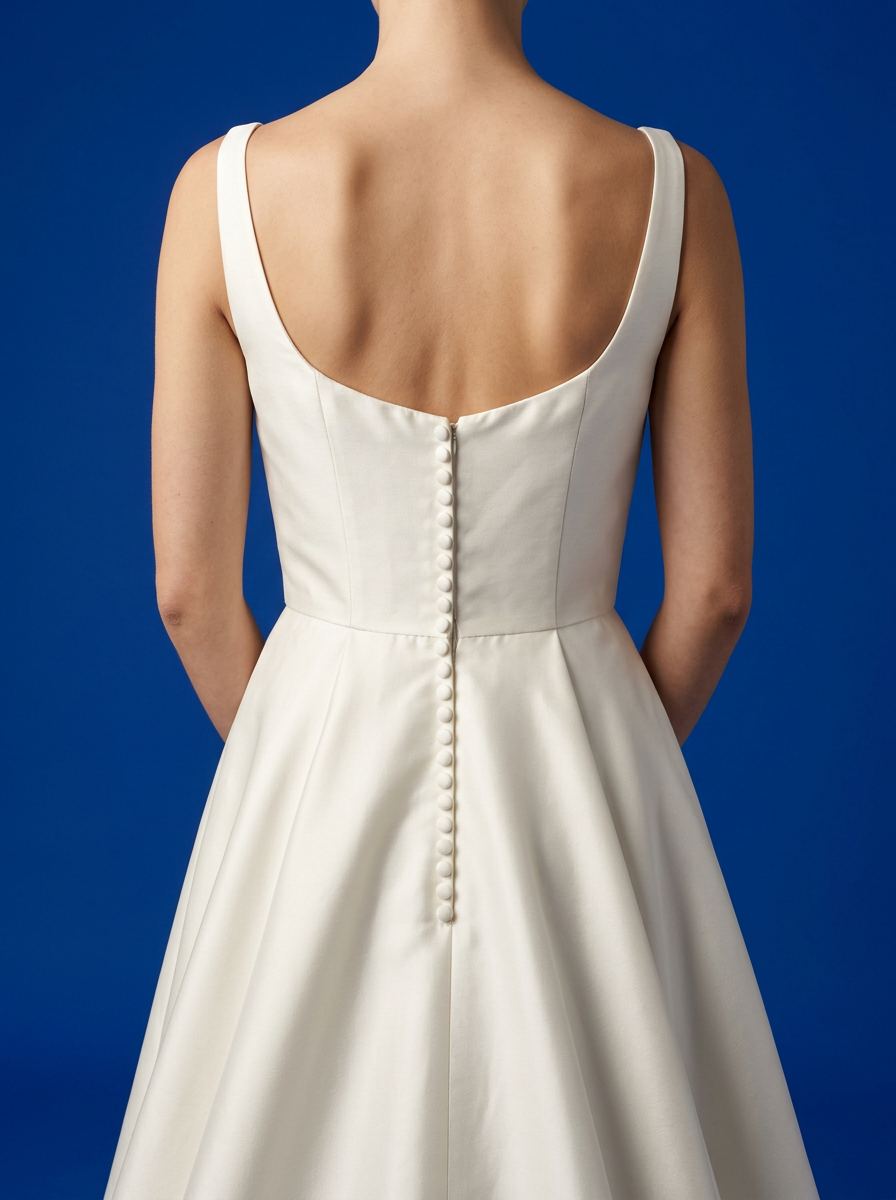 Détail du dos d’une robe, longue rangée de boutons recouverts de tissu