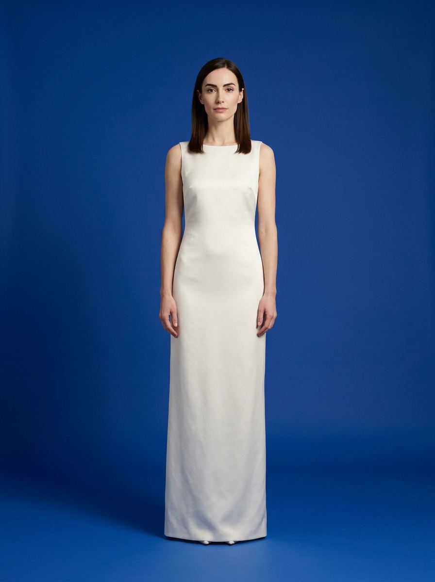 Debout de face, en pied, robe colonne ivoire
