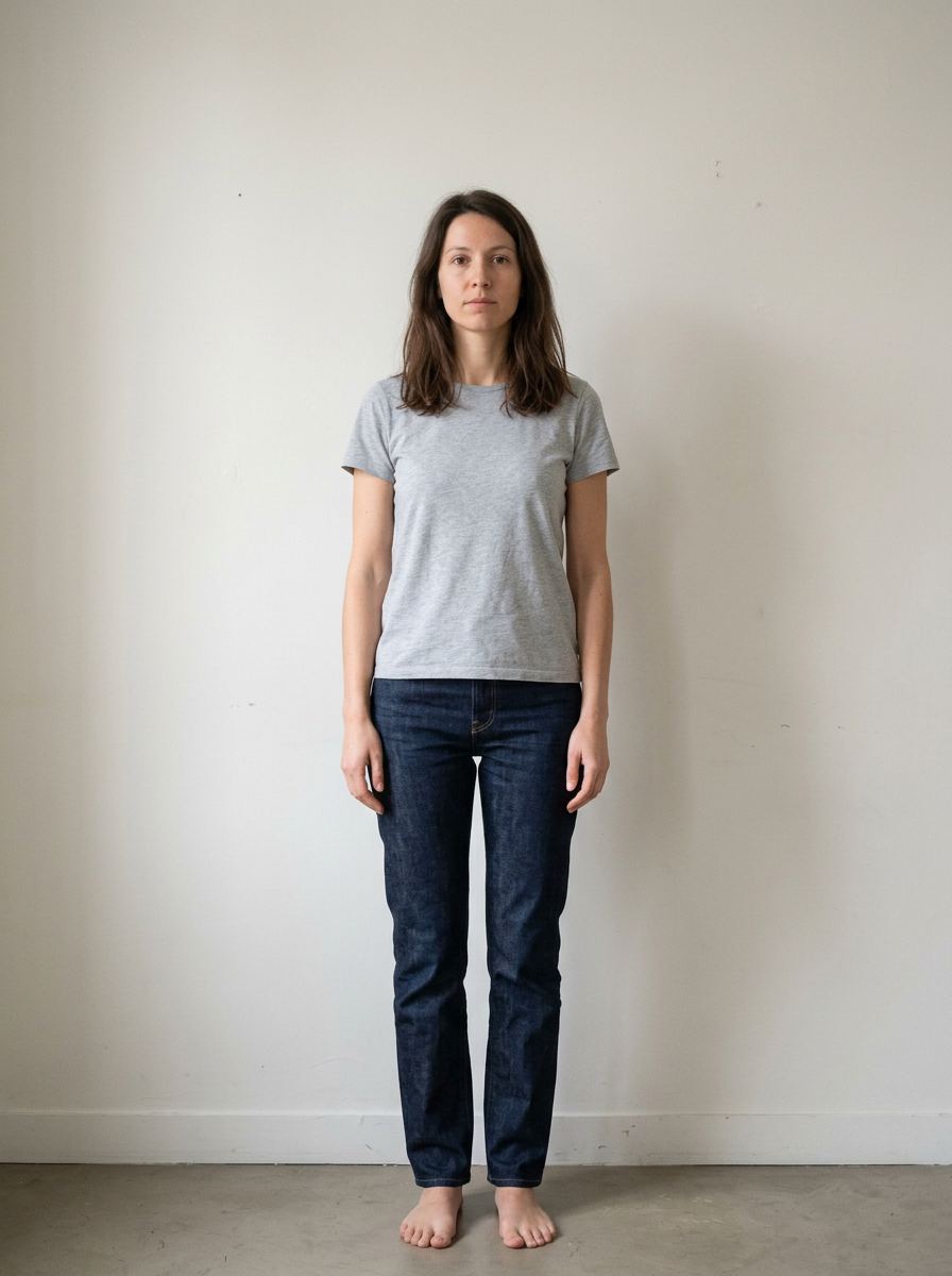 Pola de face, en pied, jean et t-shirt gris, pieds nus, contre un mur nu