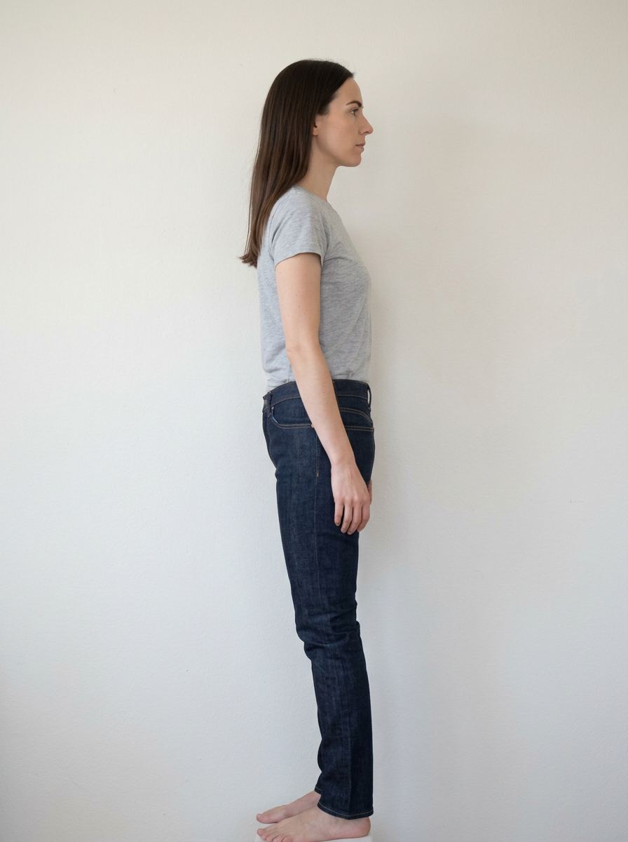 Pola de profil, en pied, même tenue, contre un mur nu