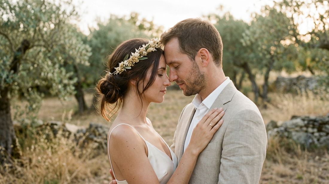 Mariée front contre front avec son mari, teint lumineux au coucher du soleil