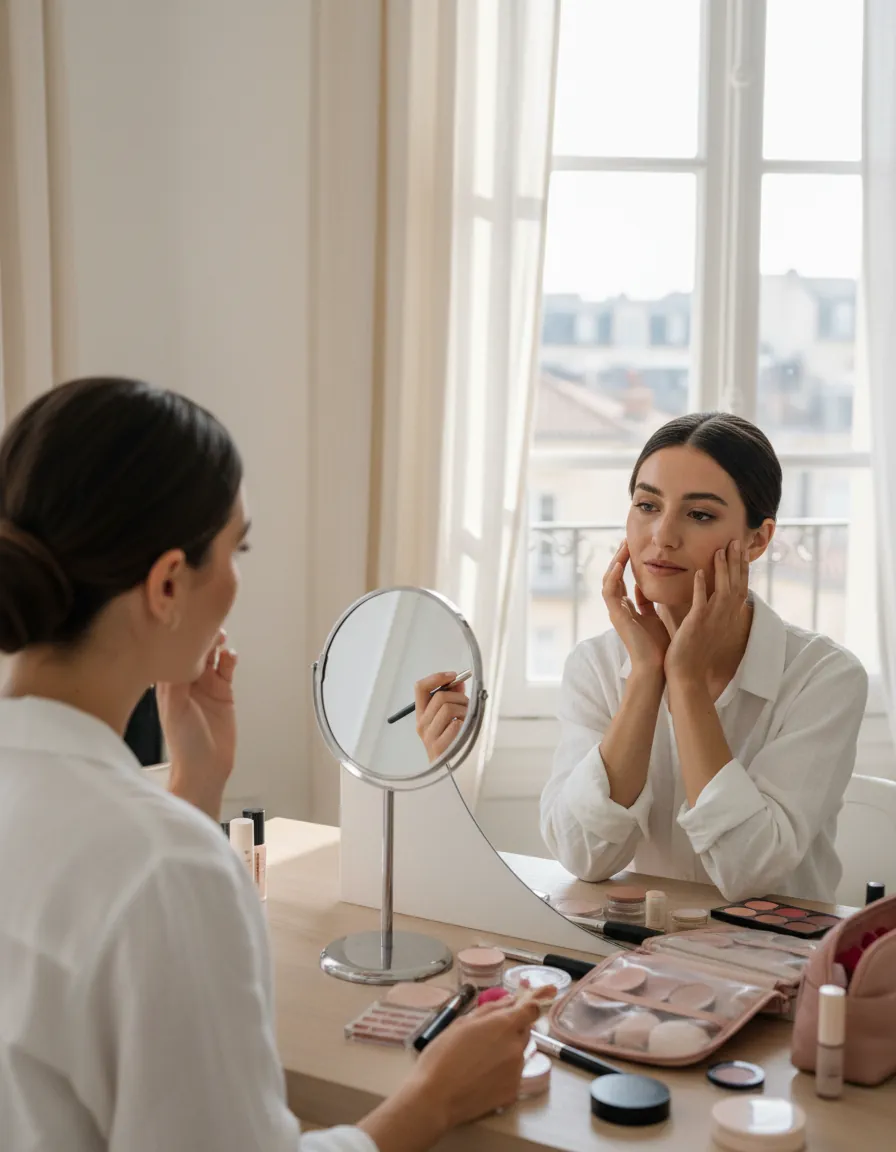 Essai maquillage : une future mariée se regarde dans un miroir rond, la maquilleuse à côté d’elle