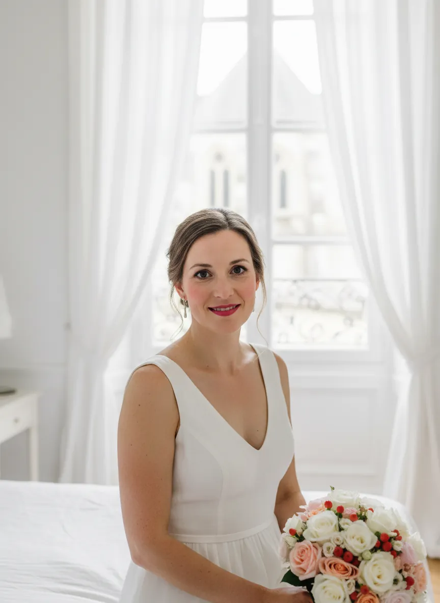 Mariée souriante au teint frais et aux lèvres rose framboise, dans une chambre blanche baignée de lumière