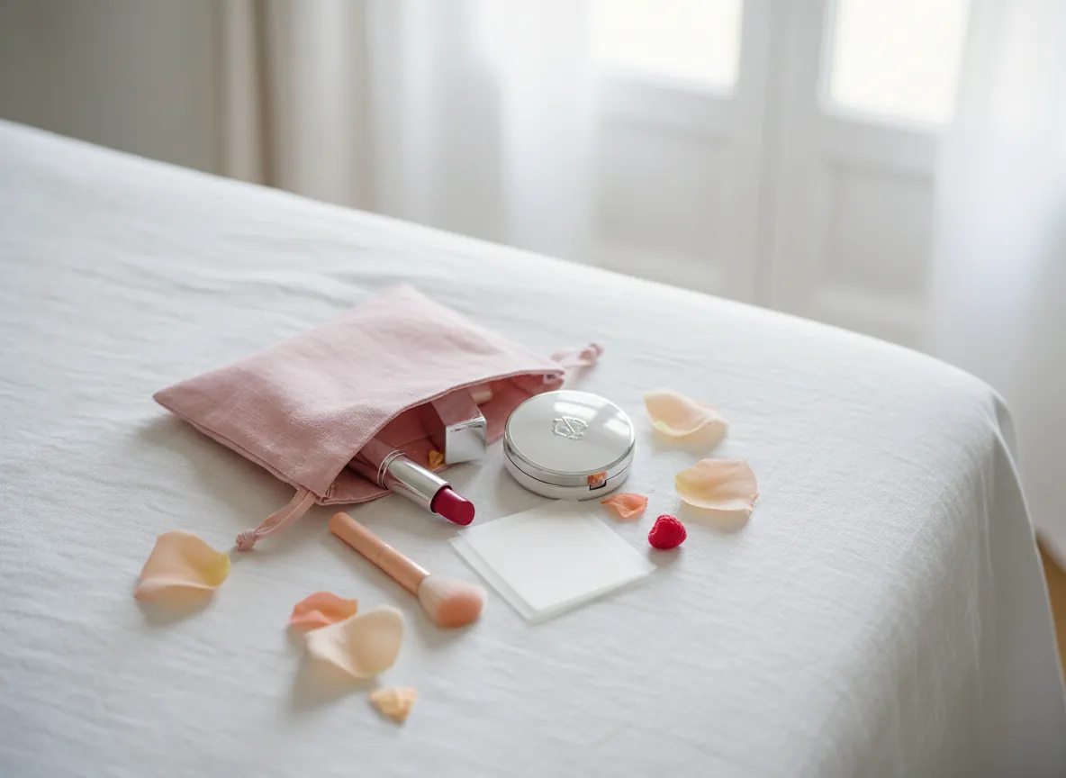 Pochette de retouche en lin rose ouverte sur un drap blanc : rouge à lèvres, poudrier, pétales