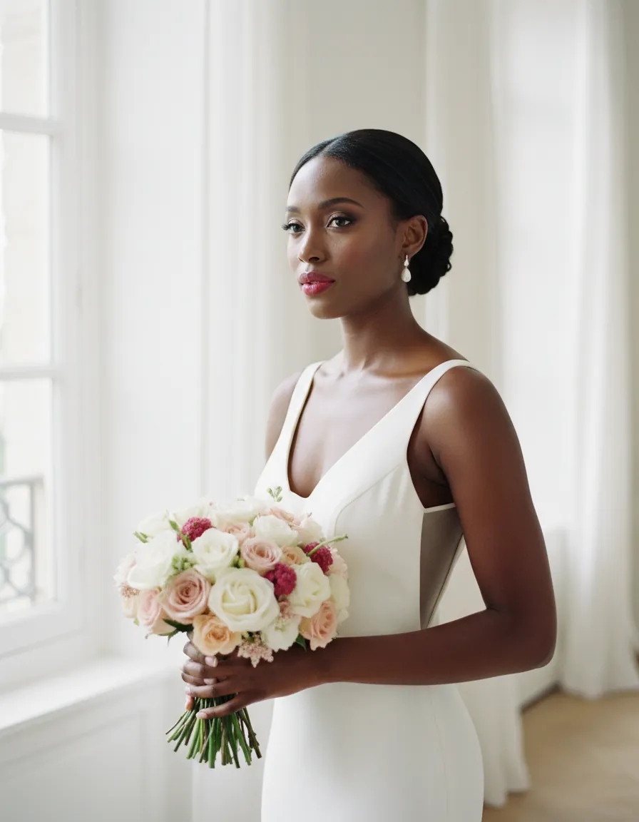 Mariée à la peau foncée, maquillage lumineux adapté à sa carnation, bouquet de roses à la main