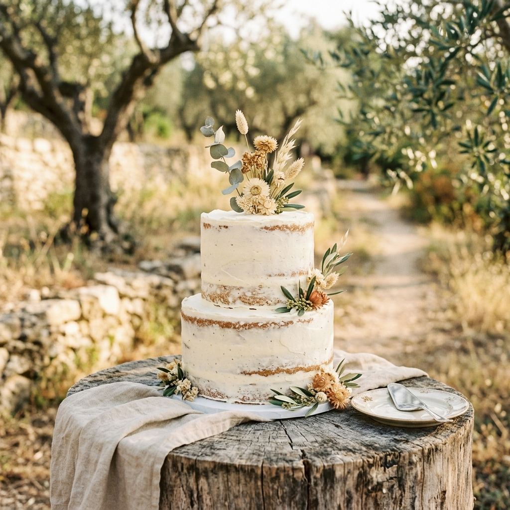 Le gâteau de mariage décoré de fleurs séchées