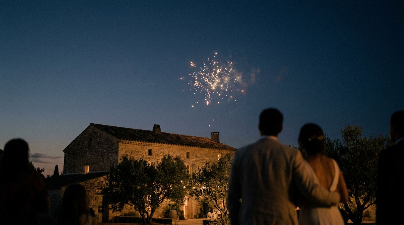 Feu d’artifice de fin de soirée au-dessus du mas