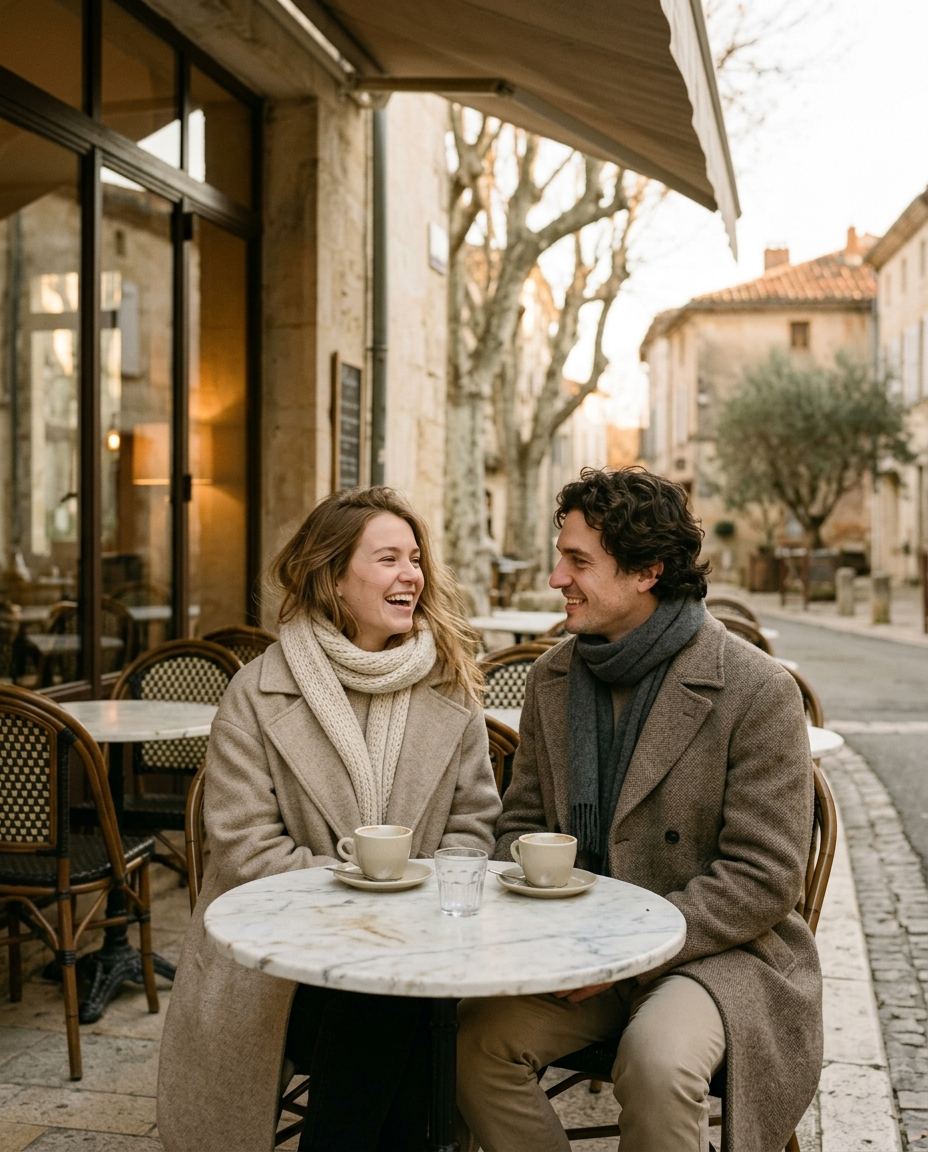 Camille et Antoine à la terrasse d’un café en hiver