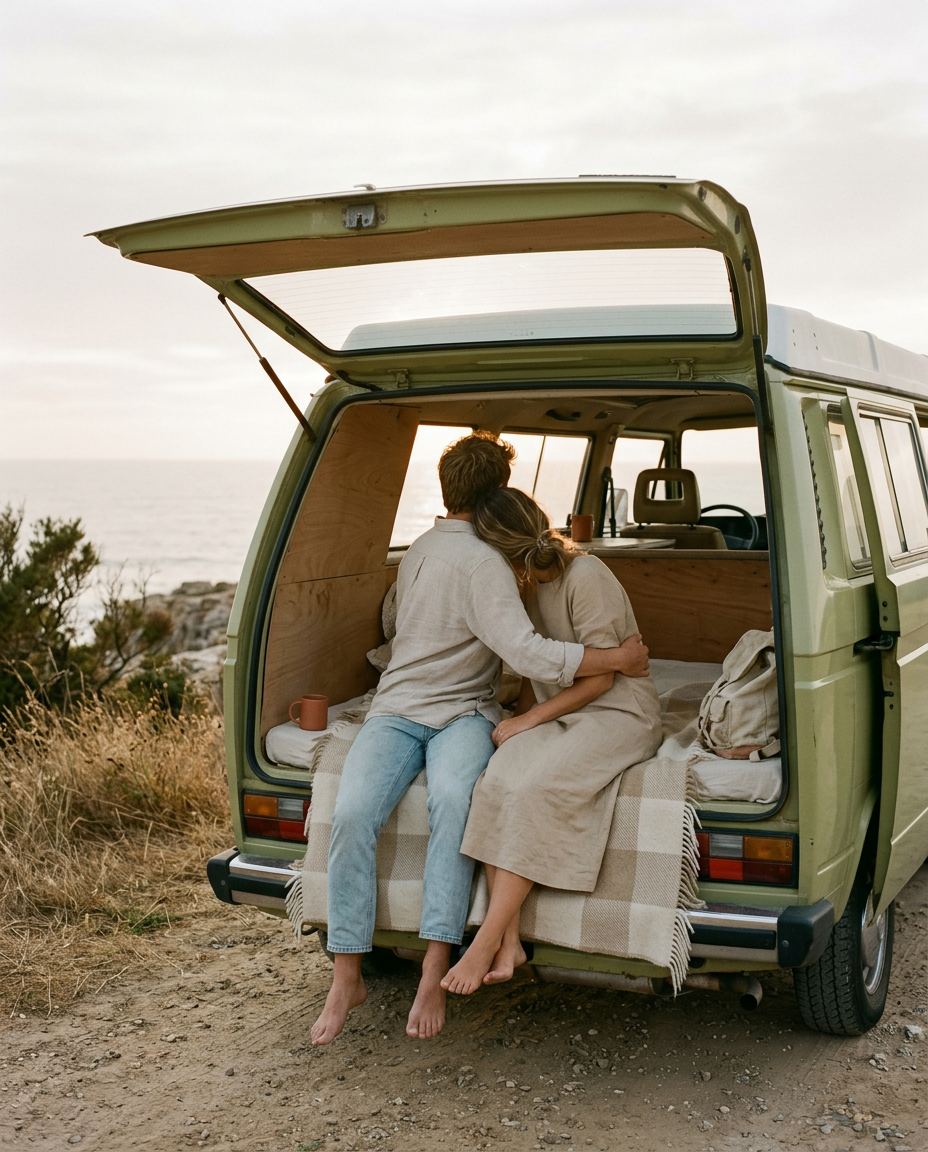 Camille et Antoine assis à l’arrière d’un van face à la mer