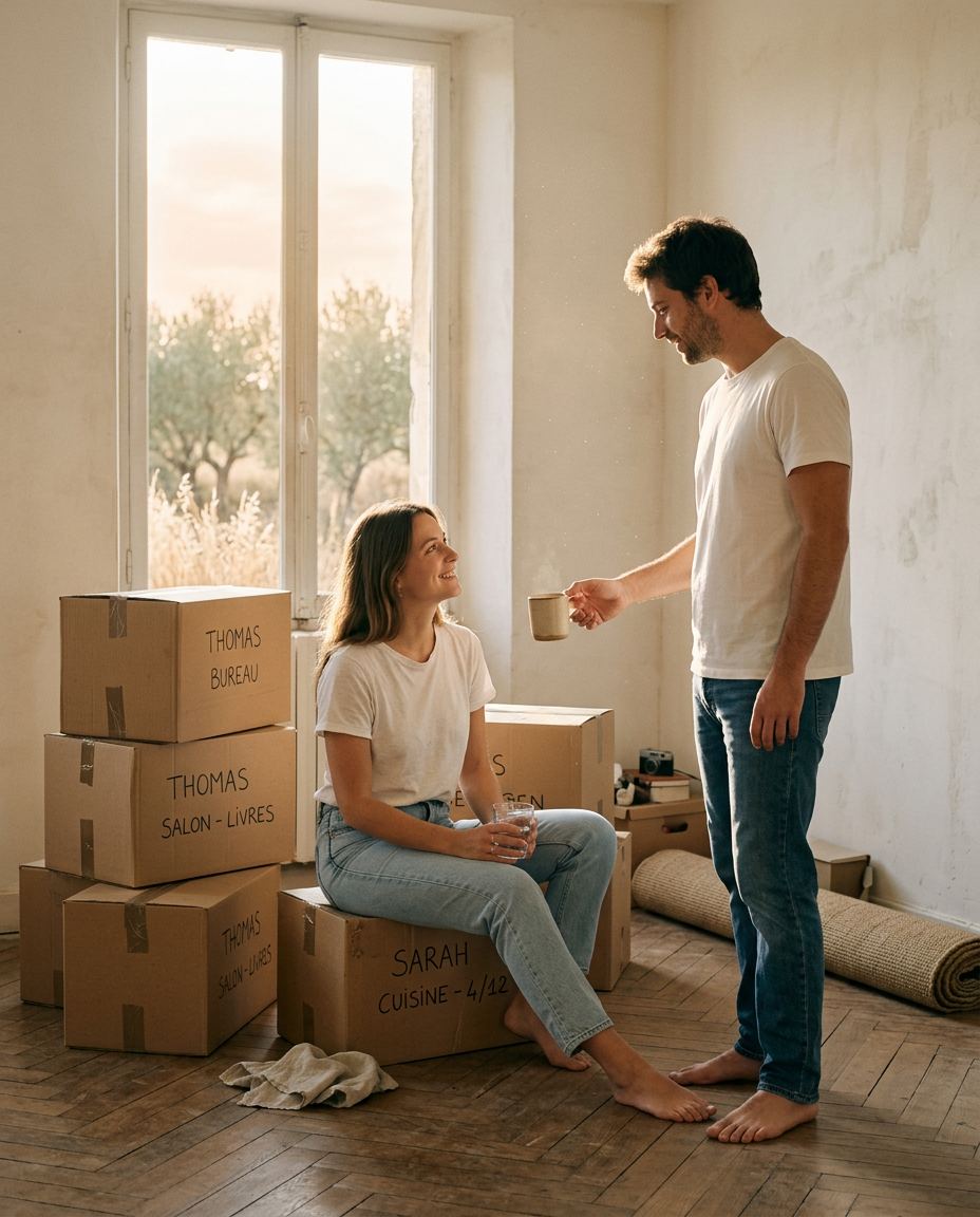 Camille et Antoine dans leur appartement au milieu des cartons