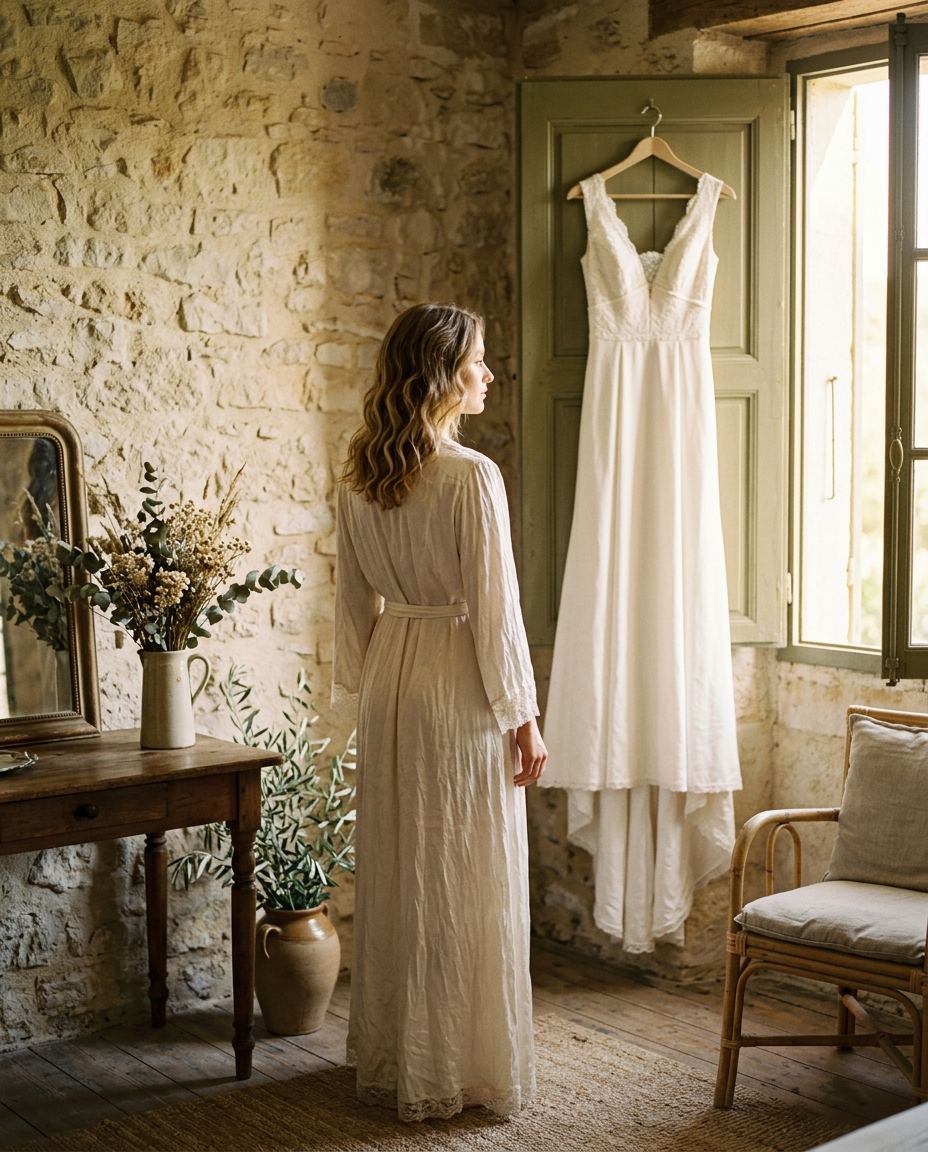 La robe de mariée suspendue devant une fenêtre ouverte le matin du mariage