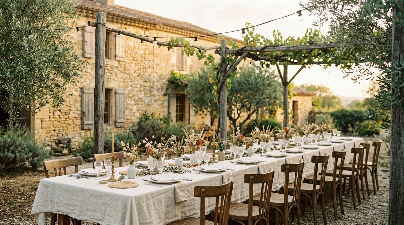 Le Mas de Loubet, longue table dressée sous une tonnelle de vigne