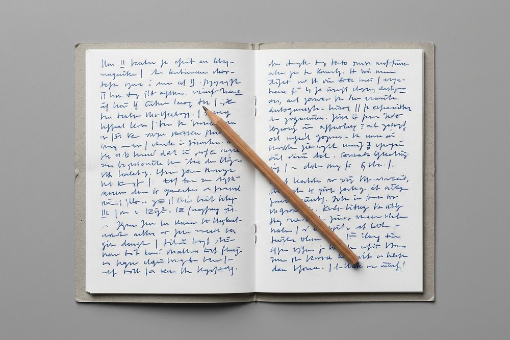 Un carnet ouvert, pages manuscrites, un crayon posé dessus