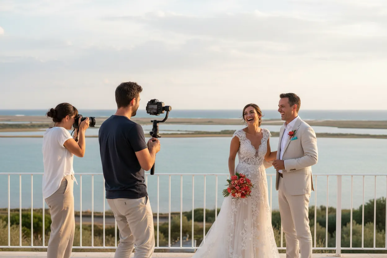 Hugo filme au stabilisateur les mariés qui rient, Maëlle photographie la même scène à côté de lui, sur une terrasse face à la mer