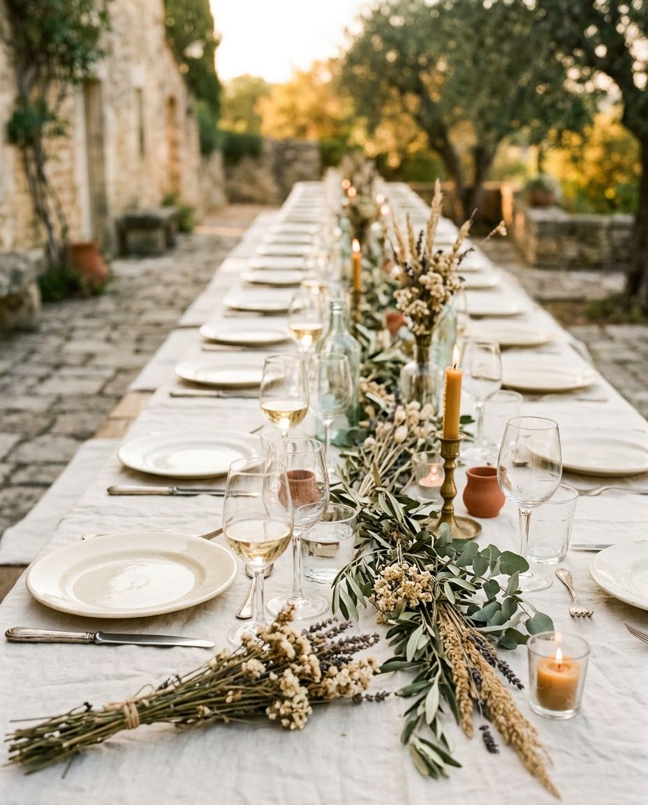 Une longue table de banquet dressée avec des fleurs séchées et des bougies