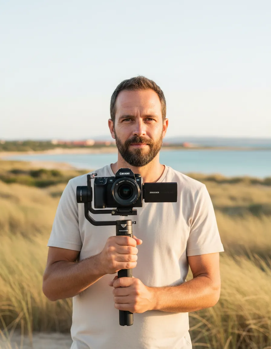 Portrait d’Hugo, vidéaste du studio, caméra sur stabilisateur, dunes et roseaux derrière lui