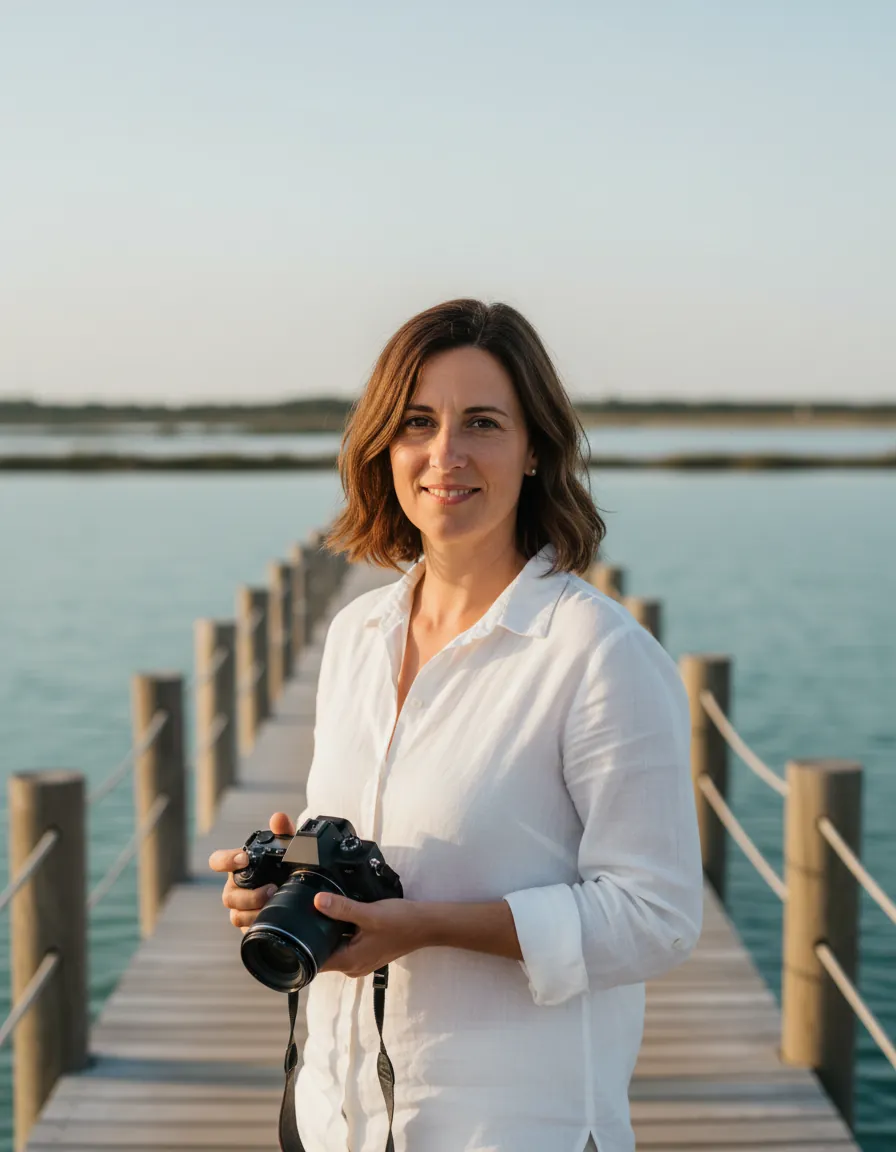 Portrait de Maëlle, photographe du studio, appareil photo à la main sur un ponton au bord d’une lagune