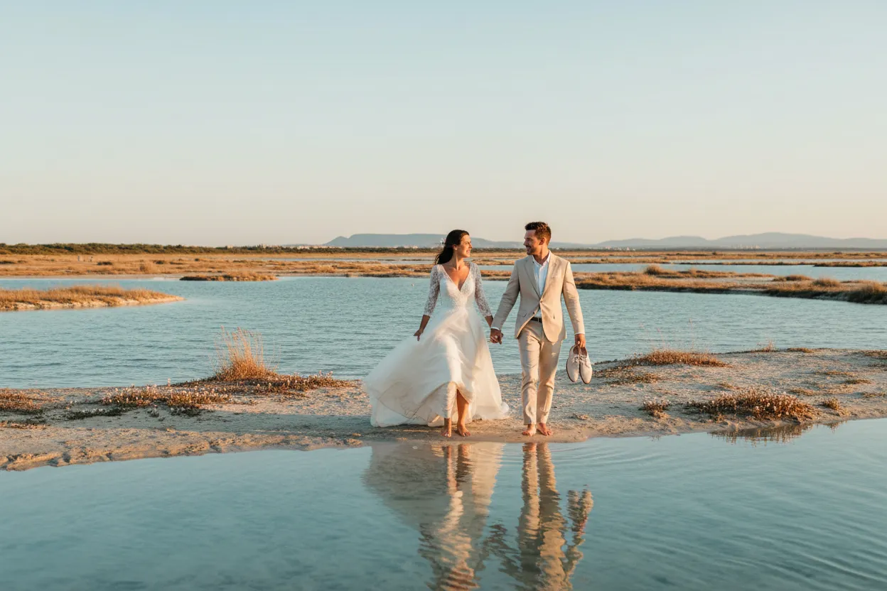 Les mariés marchent pieds nus au bord de l’eau turquoise, la robe soulevée par le vent