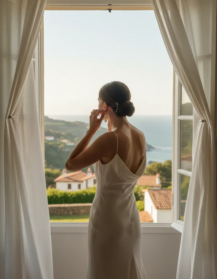 La mariée ajuste ses boucles d’oreilles devant une fenêtre ouverte sur l’océan