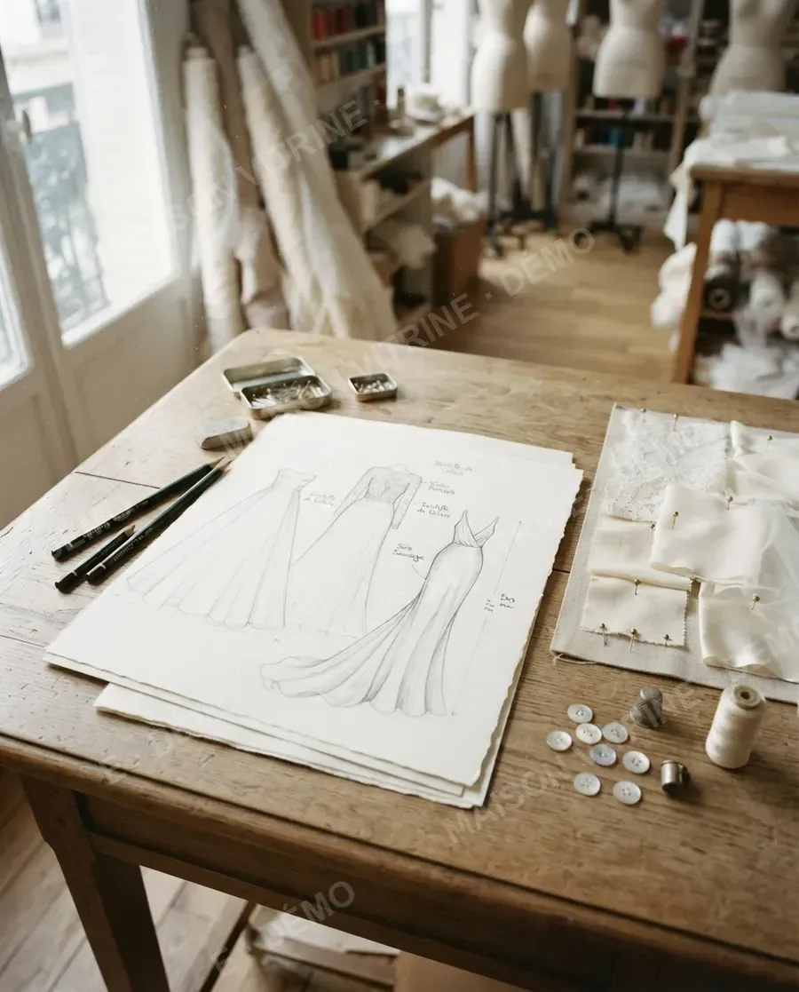 Des croquis de robes et des échantillons sur la table de l’atelier