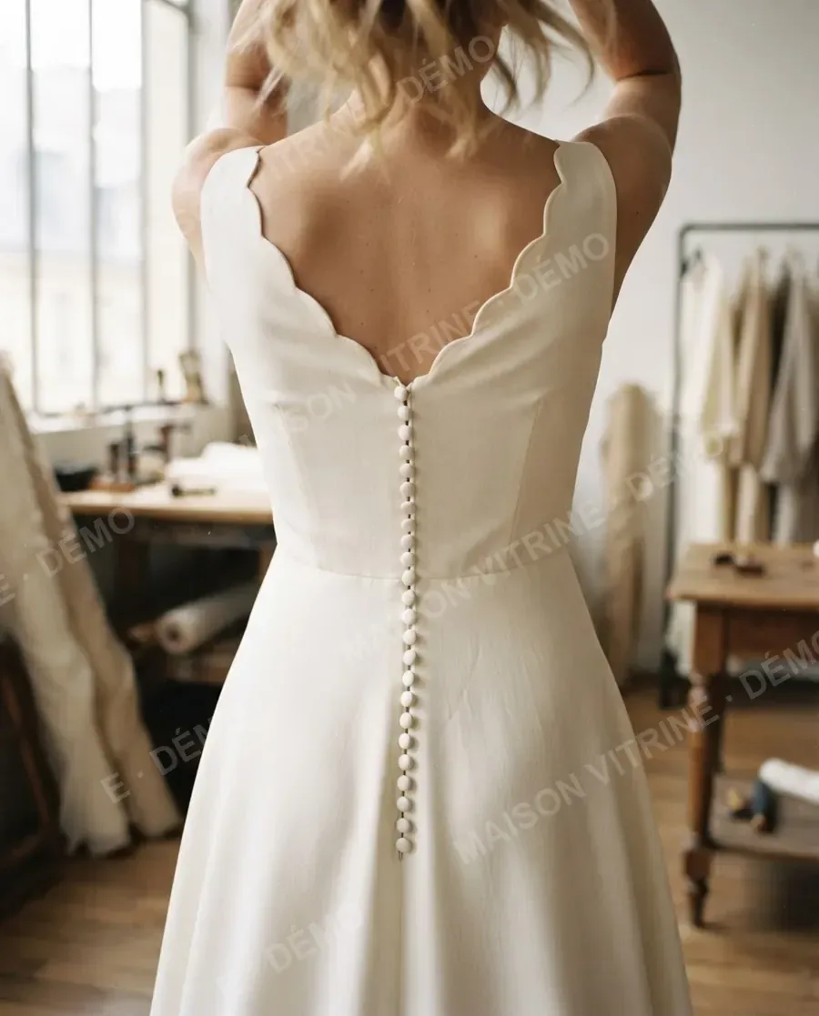 Le dos d’une robe fermé par une rangée de boutons recouverts