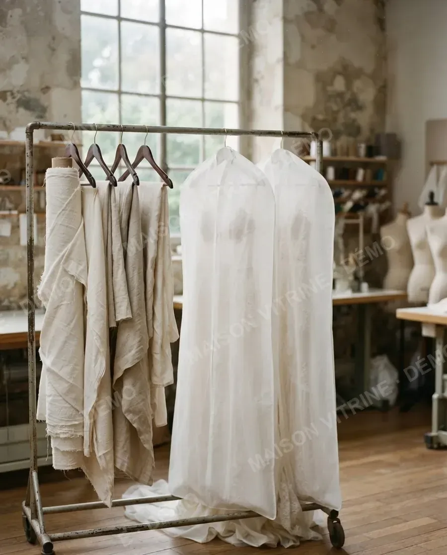 Un portant de robes et de toiles d’essai dans l’atelier