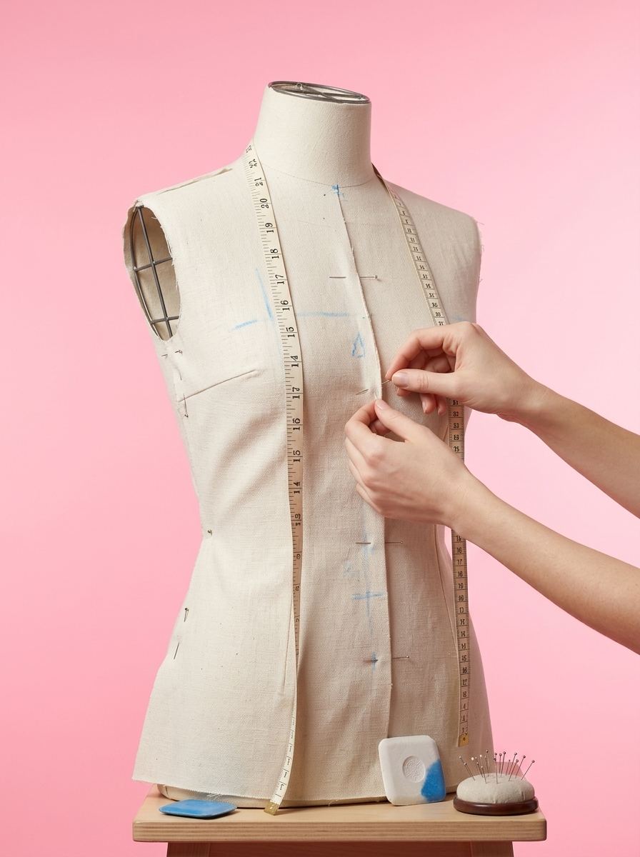 Toile de patronage épinglée et ajustée sur un mannequin de couture