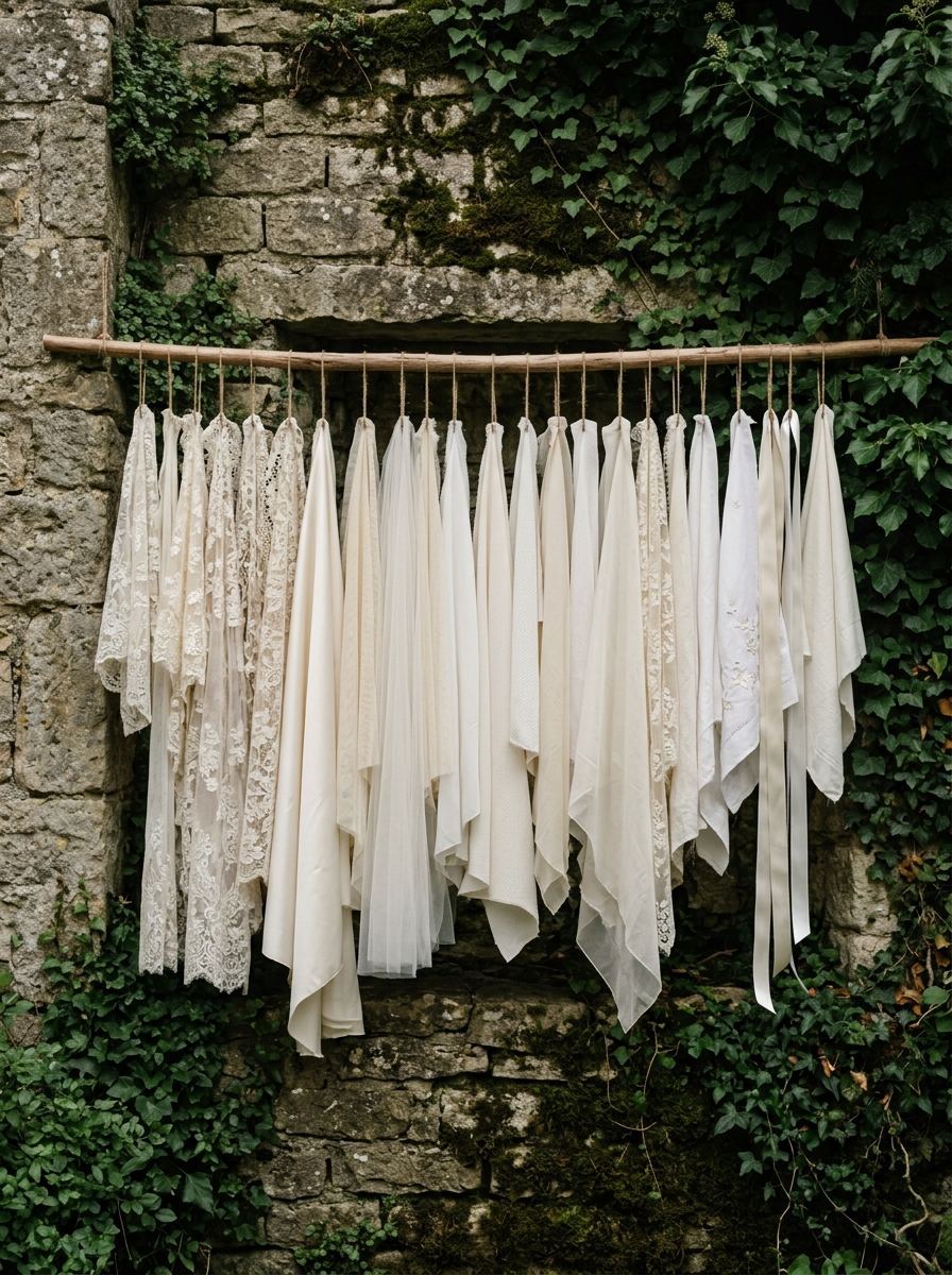 Coupons de satin, tulle et dentelle ivoire suspendus à une tringle de bois