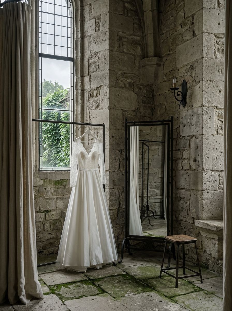 Cabine d’essayage aux murs de pierre, miroir en fer et robe suspendue