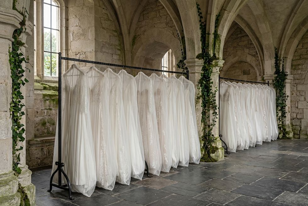Long portant de métal noir chargé de robes ivoire sous housses de tulle