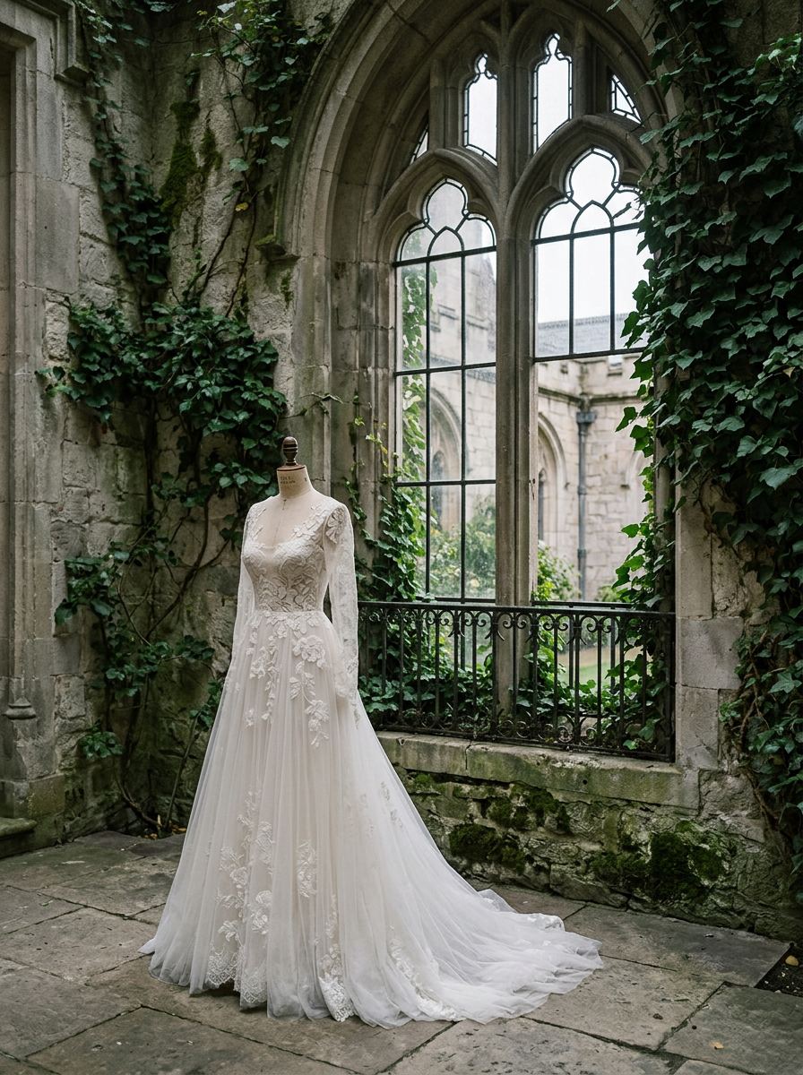 Robe de mariée en tulle brodé sur un mannequin, devant une fenêtre à meneaux