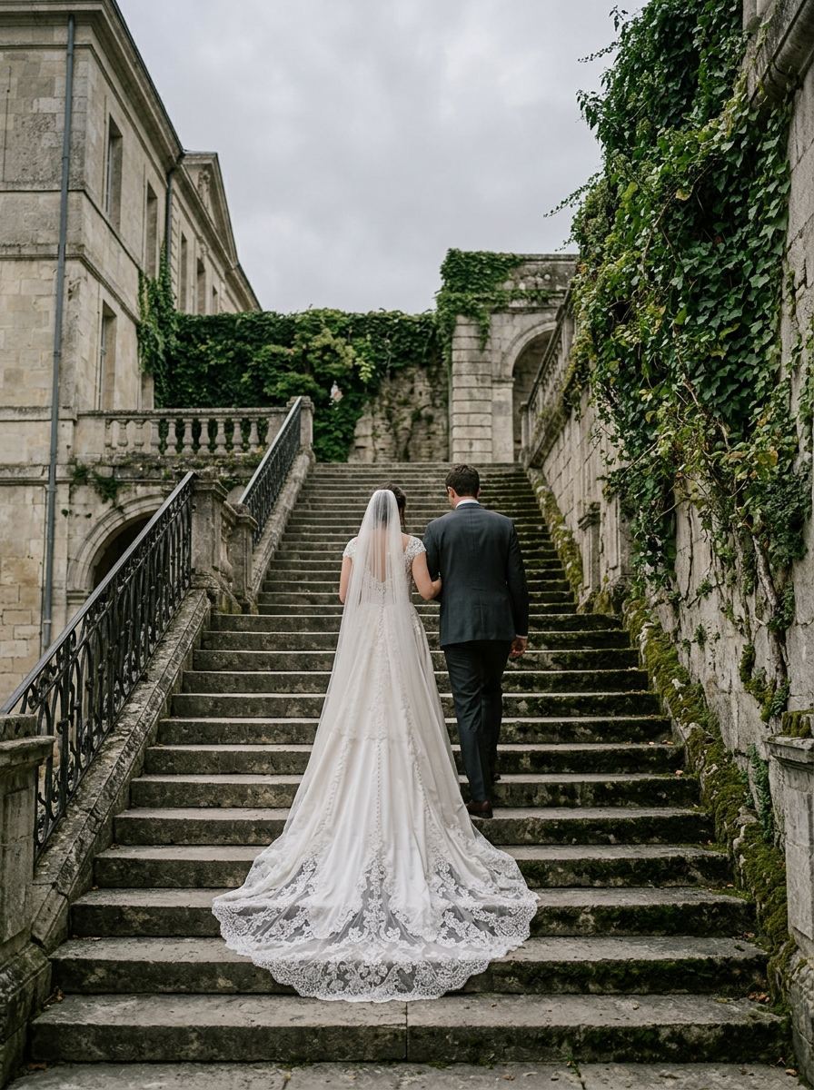 Couple de dos montant un escalier de pierre, traîne déployée sur les marches
