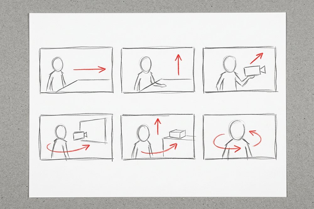 Un storyboard de cérémonie dessiné au crayon, flèches rouges