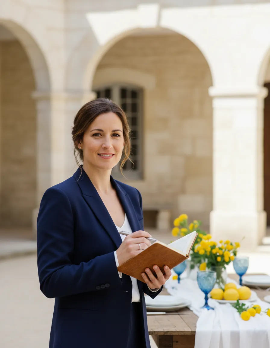 Portrait de Clémence, wedding planner, en blazer bleu marine, un carnet à la main, dans la cour d’un domaine