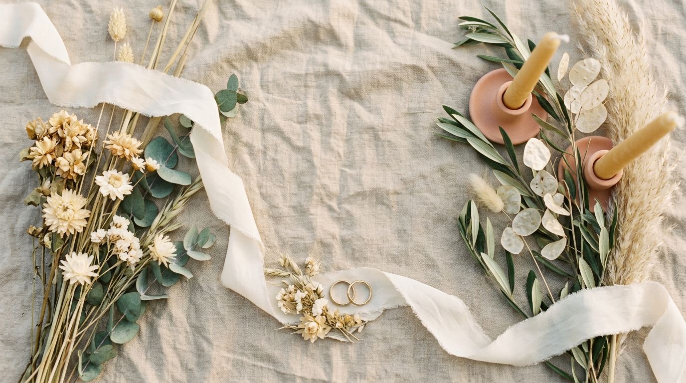 Papeterie de mariage, rubans et fleurs séchées posés à plat