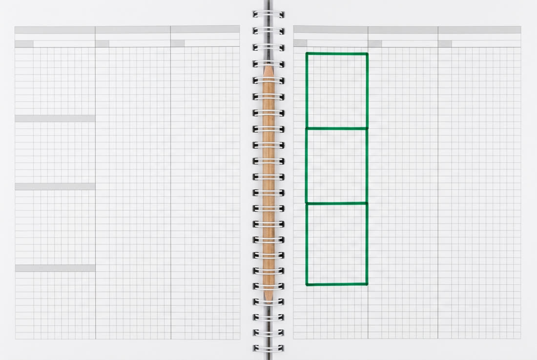 Un agenda ouvert sur une double page quadrillée, trois créneaux encadrés au feutre vert.