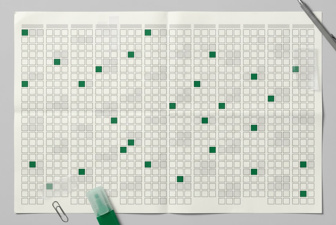 Un calendrier annuel sur une feuille, une dizaine de cases seulement remplies en vert, toutes les autres blanches.